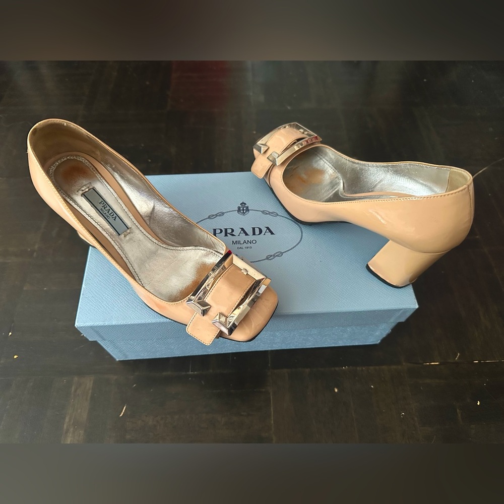 Prada Tan Heels with Square Buckle